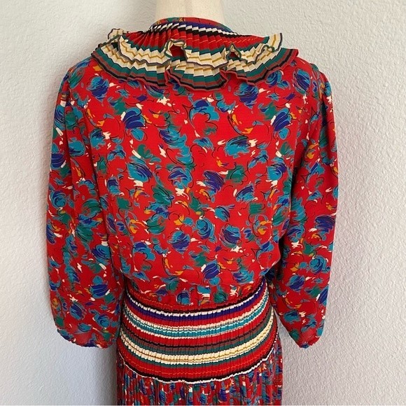 Vintage Assorti Floral Blue Red Wrap Front Unique Waist Pleated Maxi Dress SZ M - Picture 9 of 14